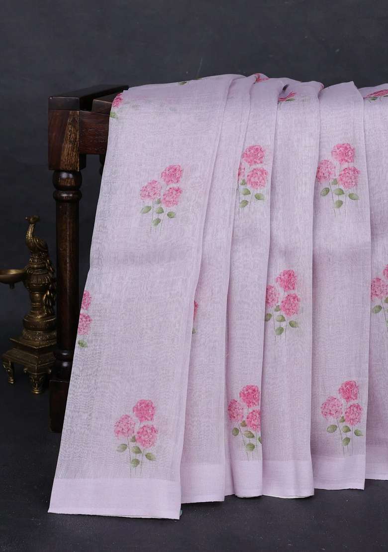 Pure Linen Silk Saree Pastel Lavender With Floral Digital Butta Prints And Simple Border With Printed Design For Women - Indya