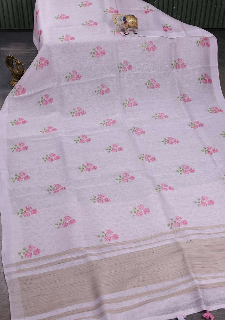 Pure Linen Silk Saree Pastel Lavender With Floral Digital Butta Prints And Simple Border With Printed Design For Women - Indya
