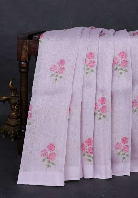 Pure Linen Silk Saree Pastel Lavender With Floral Digital Butta Prints And Simple Border With Printed Design For Women