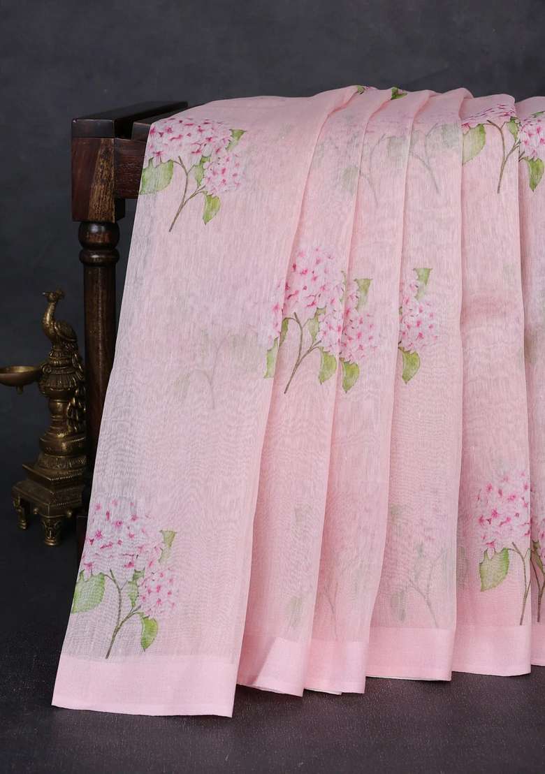 Pure Linen Silk Saree Mild Peach Pink With Floral Digital Butta Prints And Simple Border With Printed Design For Women - Indya