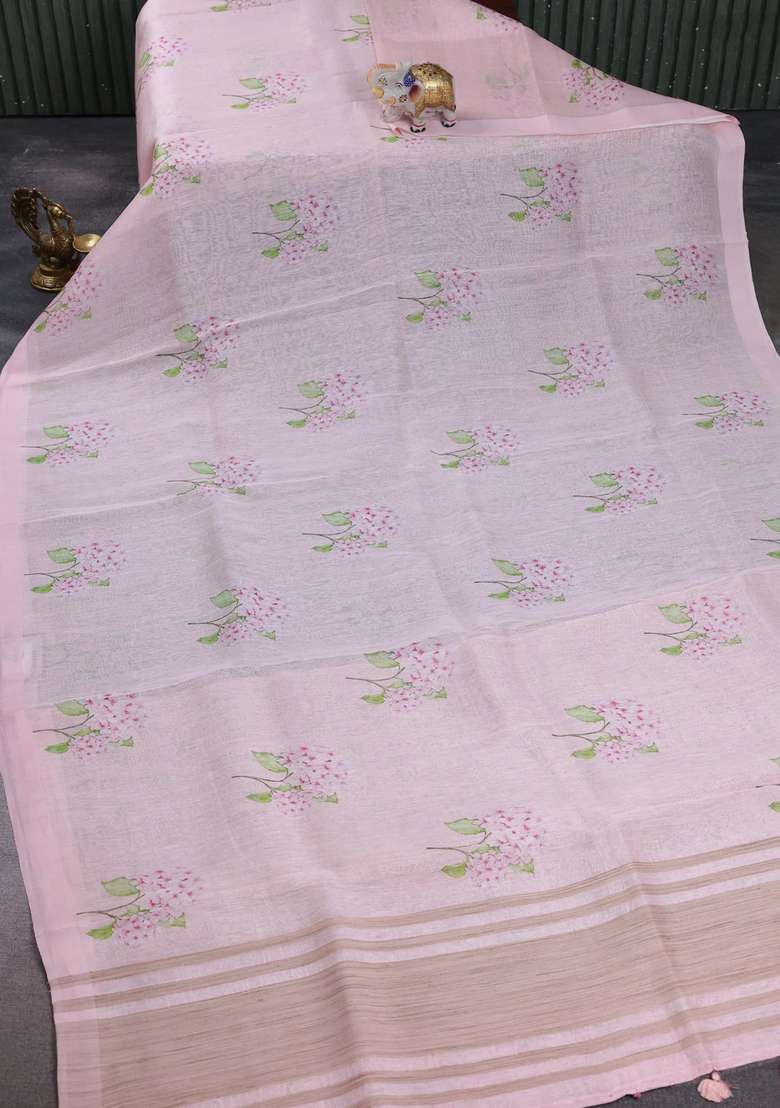Pure Linen Silk Saree Mild Peach Pink With Floral Digital Butta Prints And Simple Border With Printed Design For Women - Indya