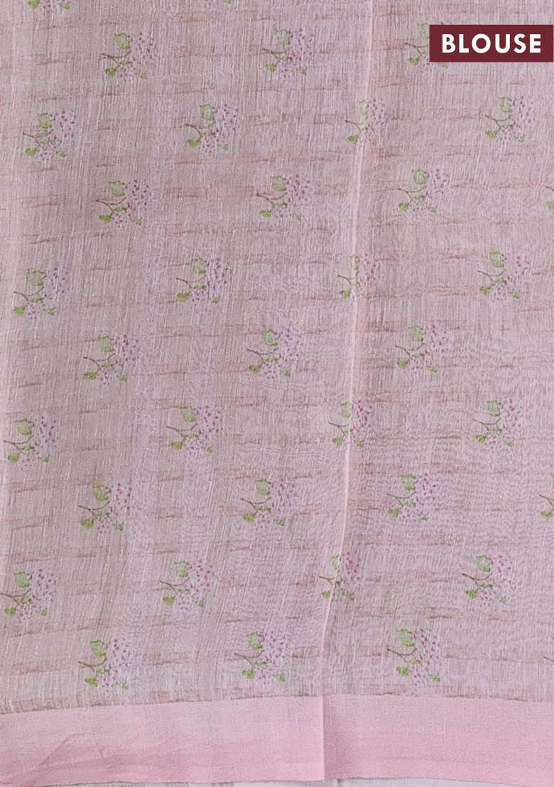 Pure Linen Silk Saree Mild Peach Pink With Floral Digital Butta Prints And Simple Border With Printed Design For Women - Indya