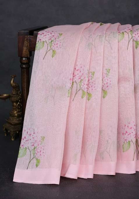 Pure Linen Silk Saree Mild Peach Pink With Floral Digital Butta Prints And Simple Border With Printed Design For Women