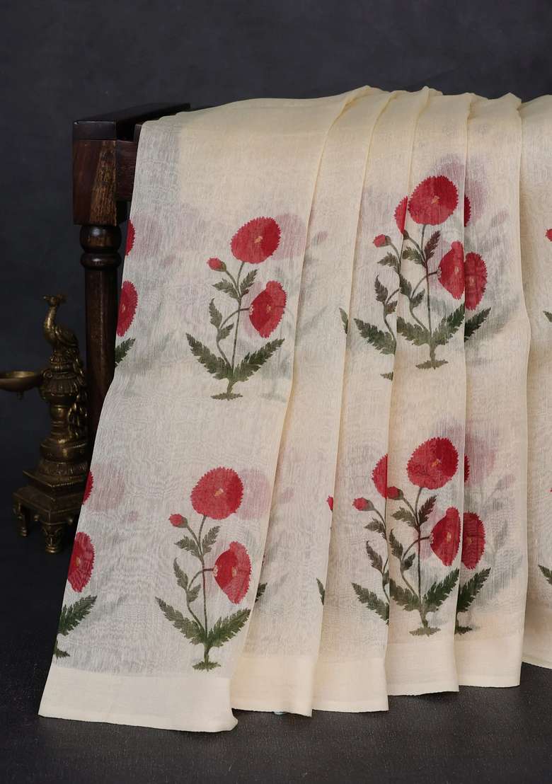 Pure Linen Silk Saree Pale Yellow With Floral Digital Butta Prints And Simple Border With Printed Design For Women - Indya