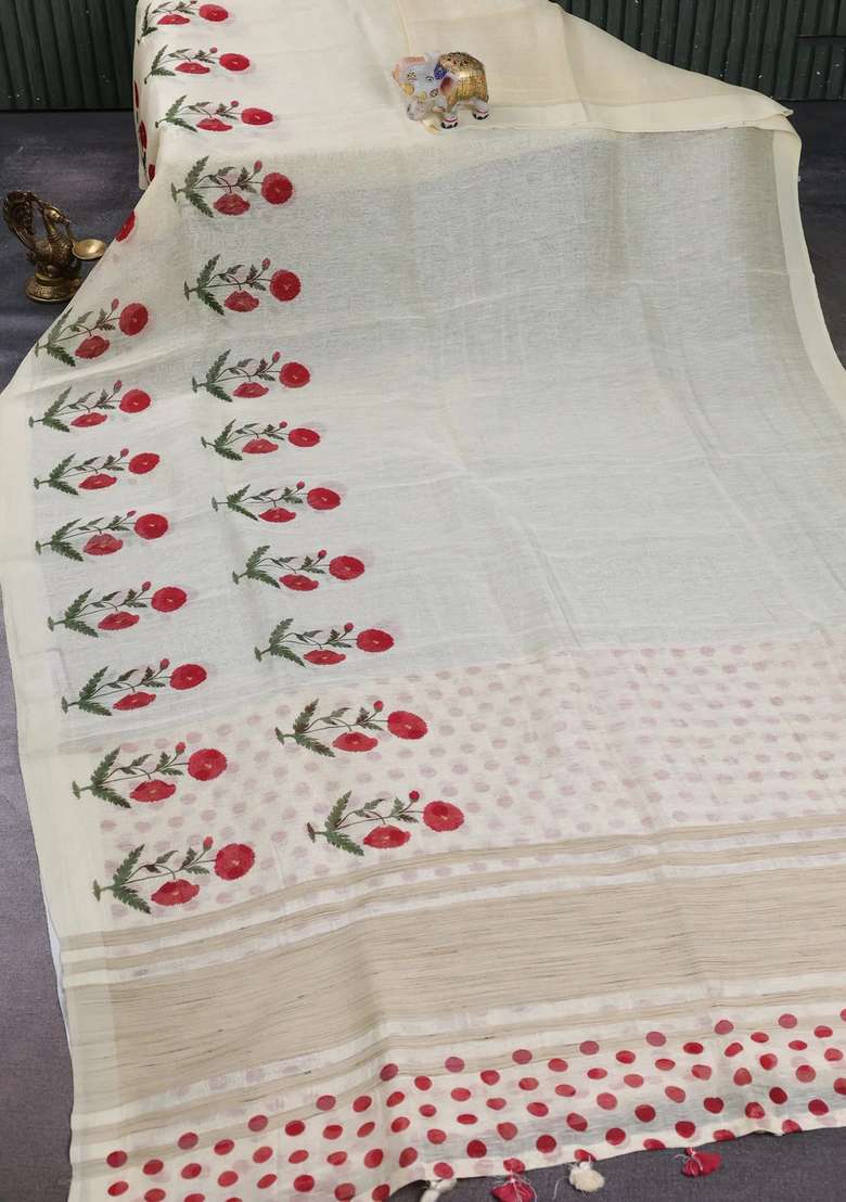 Pure Linen Silk Saree Pale Yellow With Floral Digital Butta Prints And Simple Border With Printed Design For Women - Indya