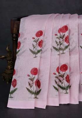 Pure Linen Silk Saree Baby Pink With Floral Digital Butta Prints And Simple Border With Printed Design For Women