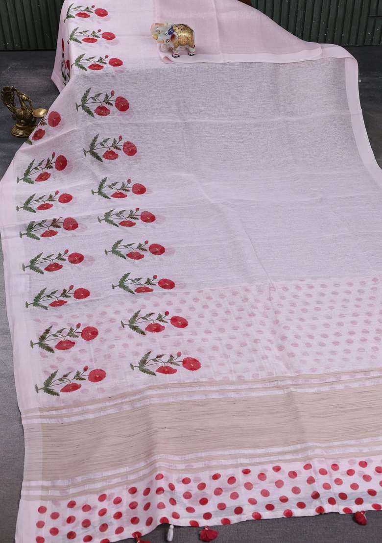 Pure Linen Silk Saree Baby Pink With Floral Digital Butta Prints And Simple Border With Printed Design For Women - Indya