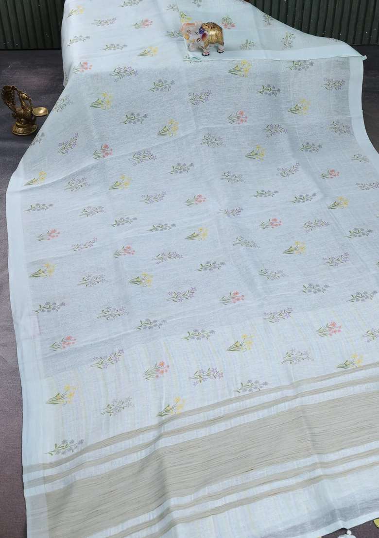 Pure Linen Silk Saree Mild Teal With Floral Digital Butta Prints And Simple Border With Printed Design For Women - Indya