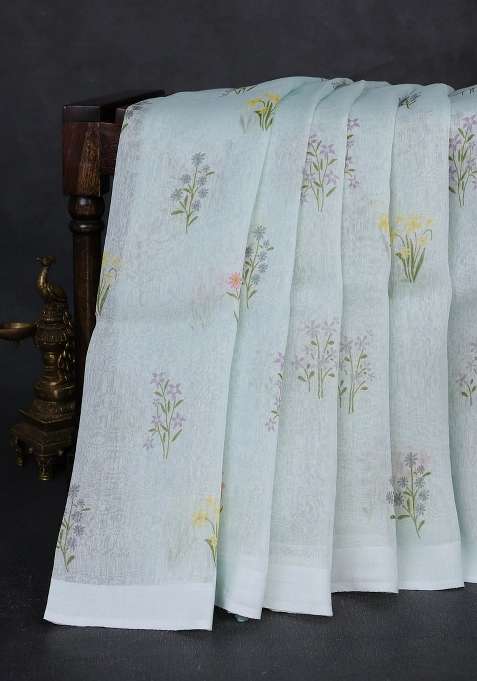 Pure Linen Silk Saree Mild Teal With Floral Digital Butta Prints And Simple Border With Printed Design For Women