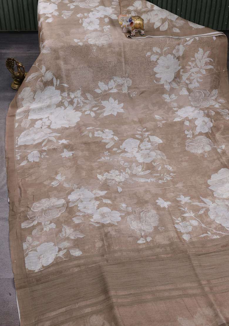 Pure Linen Silk Saree Pastel Brown With Floral Digital Prints And Simple Border With Printed Design For Women - Indya