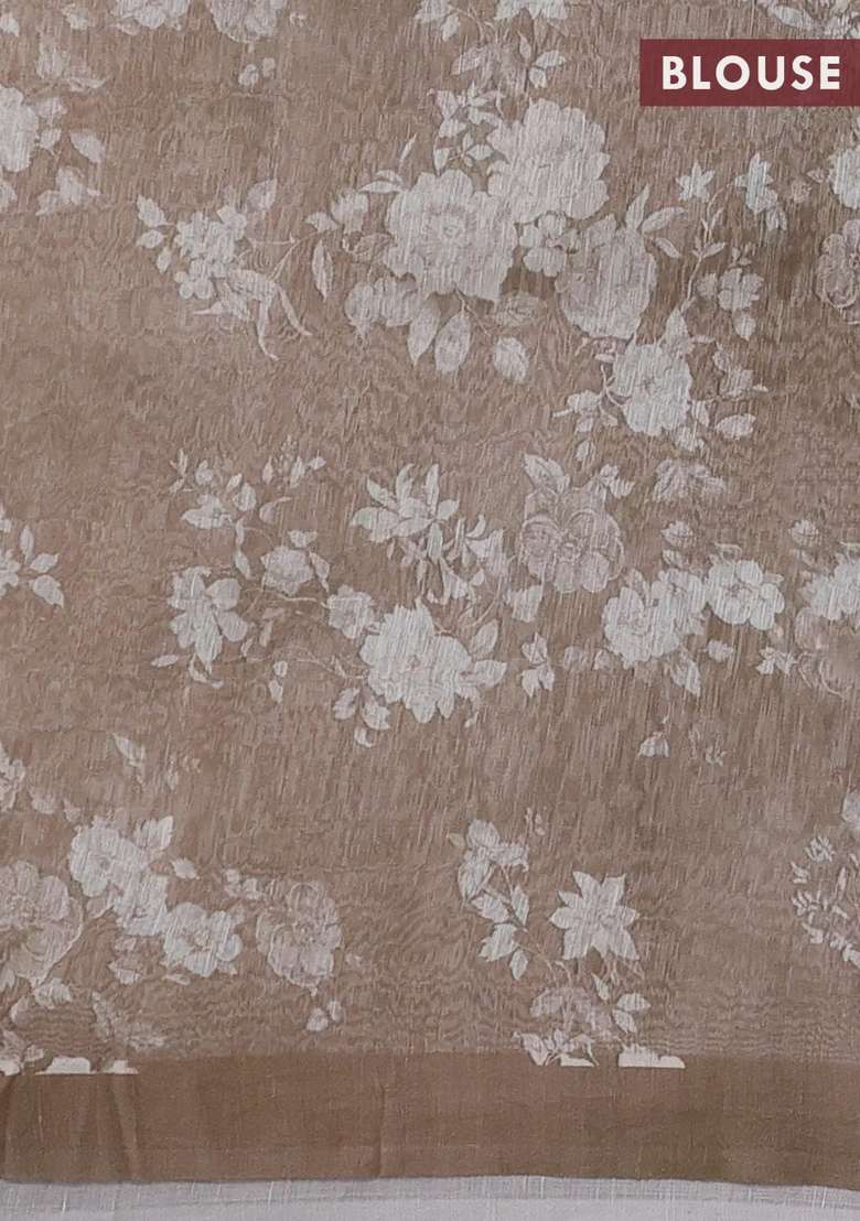 Pure Linen Silk Saree Pastel Brown With Floral Digital Prints And Simple Border With Printed Design For Women - Indya