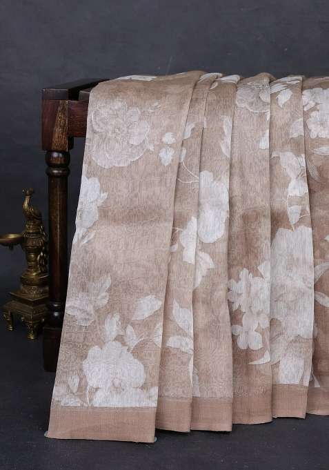 Pure Linen Silk Saree Pastel Brown With Floral Digital Prints And Simple Border With Printed Design For Women