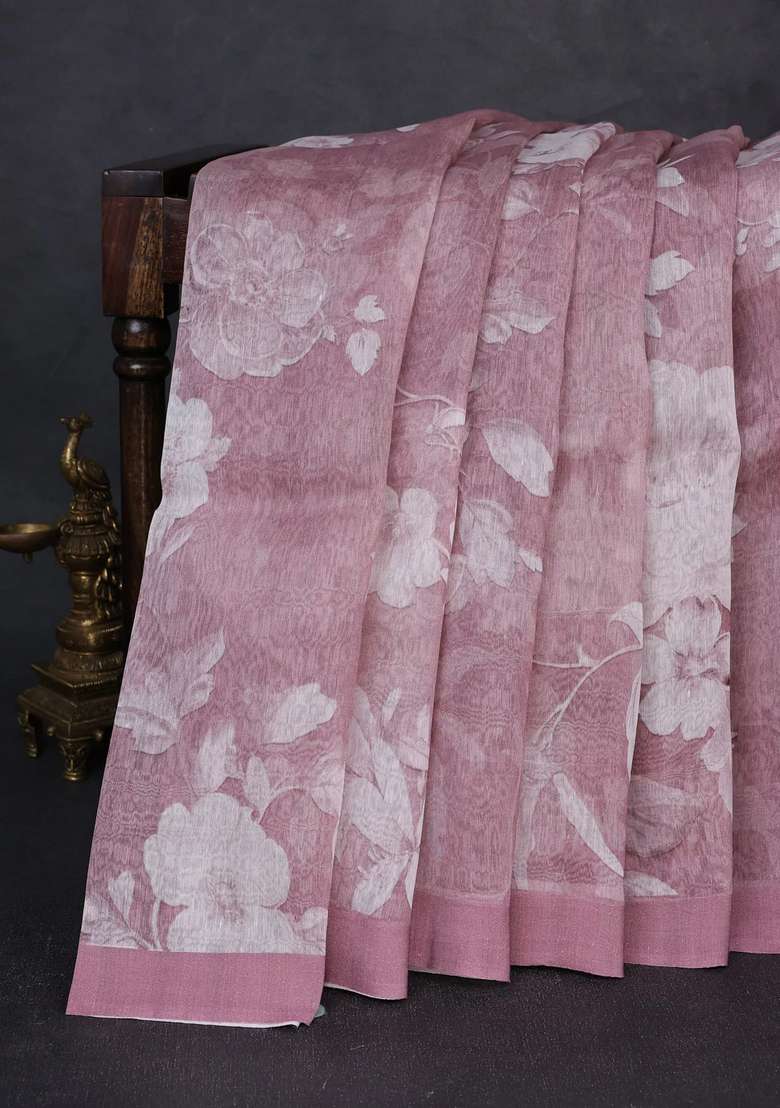 Pure Linen Silk Saree Pastel Pink Shade With Floral Digital Prints And Simple Border With Printed Design For Women - Indya