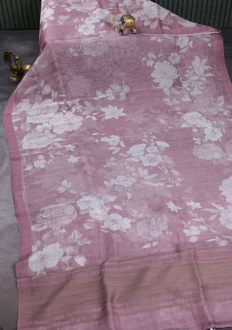 Pure Linen Silk Saree Pastel Pink Shade With Floral Digital Prints And Simple Border With Printed Design For Women - Indya