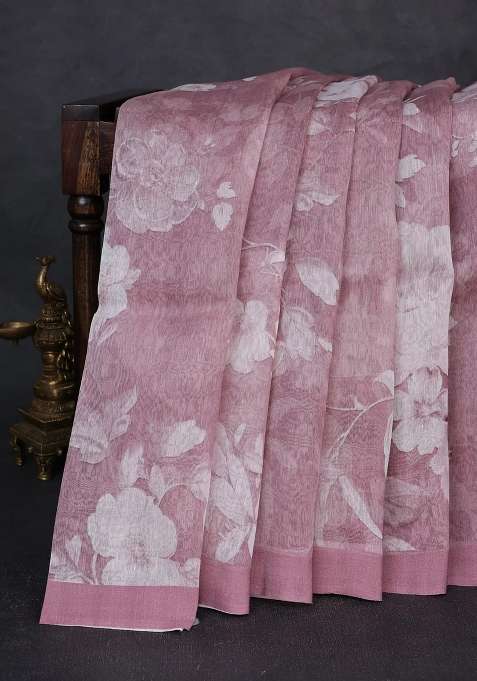 Pure Linen Silk Saree Pastel Pink Shade With Floral Digital Prints And Simple Border With Printed Design For Women