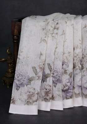 Pure Linen Silk Saree Off White With Allover Floral Prints And Simple Border With Printed Design For Women