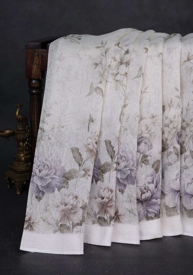 Pure Linen Silk Saree Off White With Allover Floral Prints And Simple Border With Printed Design For Women - Indya