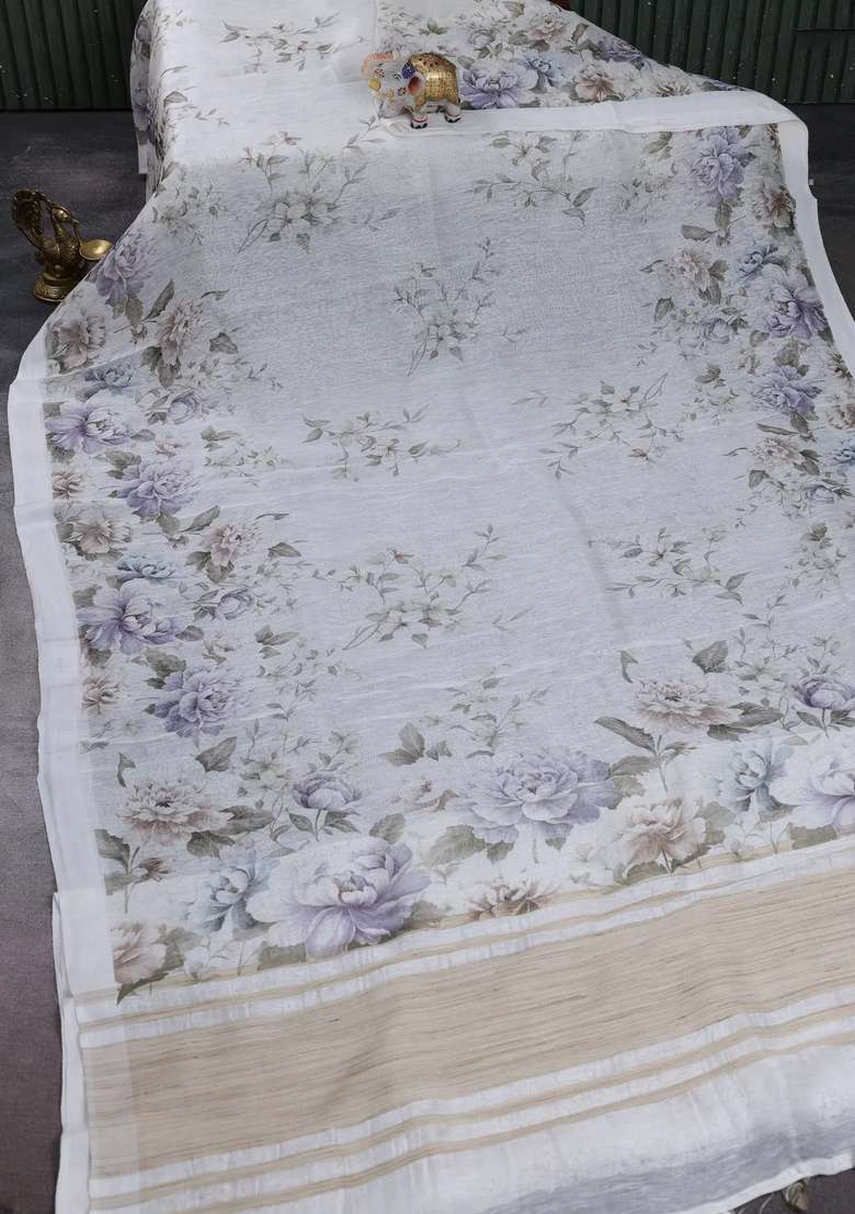 Pure Linen Silk Saree Off White With Allover Floral Prints And Simple Border With Printed Design For Women - Indya