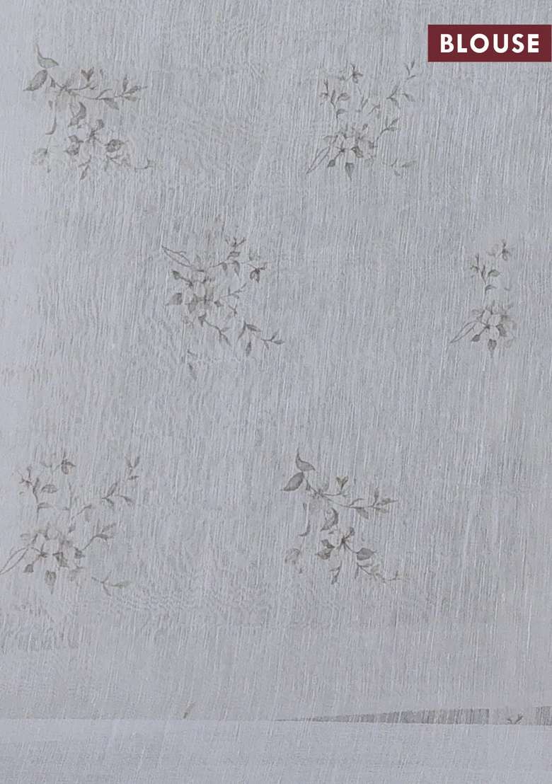 Pure Linen Silk Saree Off White With Allover Floral Prints And Simple Border With Printed Design For Women - Indya
