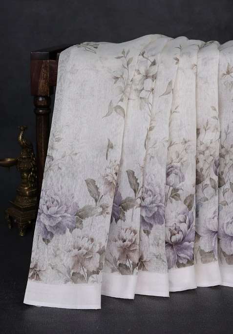 Pure Linen Silk Saree Off White With Allover Floral Prints And Simple Border With Printed Design For Women