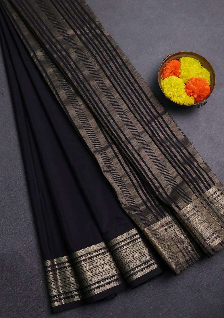 Semi Mysore Silk Saree Black With Plain Body And Zari Woven Border With Traditional Woven Design For Women - Indya