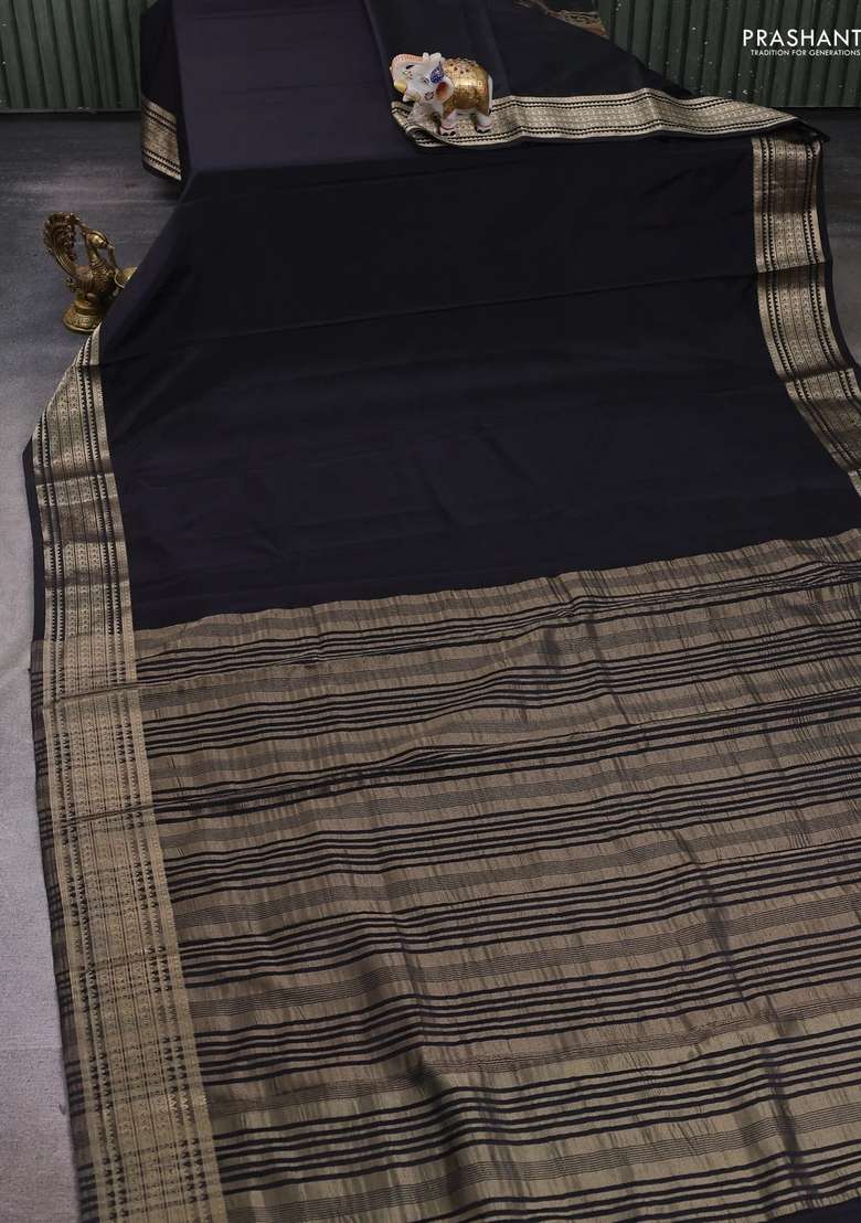 Semi Mysore Silk Saree Black With Plain Body And Zari Woven Border With Traditional Woven Design For Women - Indya