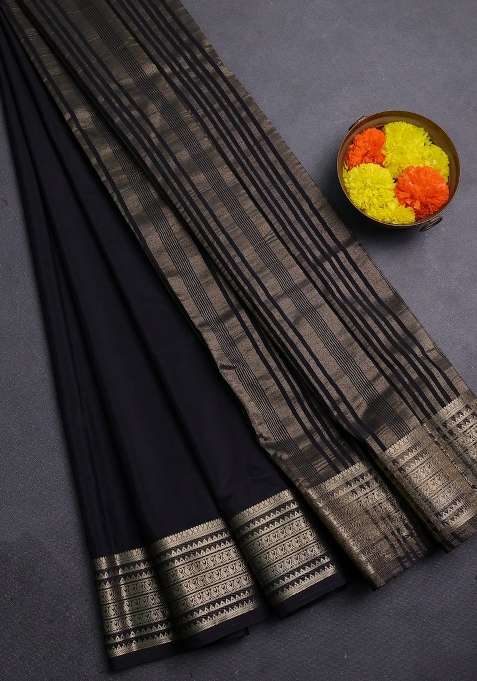 Semi Mysore Silk Saree Black With Plain Body And Zari Woven Border With Traditional Woven Design For Women