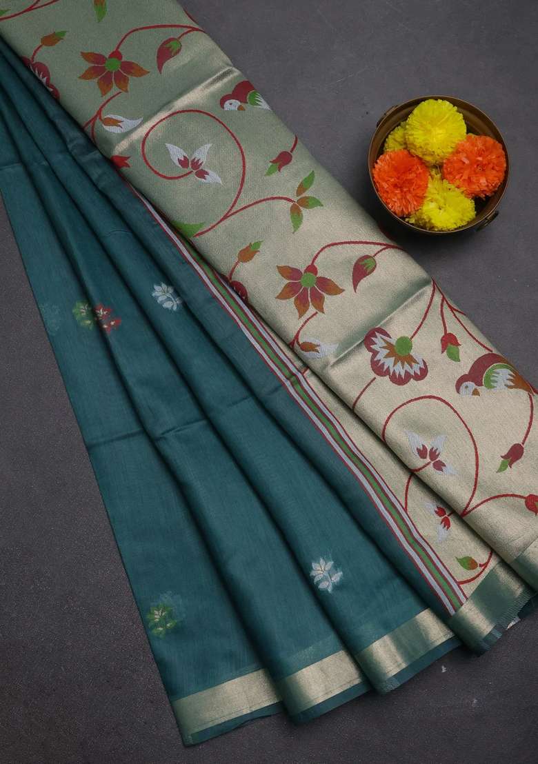 Jamdhani Cotton Saree Peacock Green And Maroon With Allover Thread Weaves And Jamdhani Pallu With Traditional Woven Design For Women - Indya