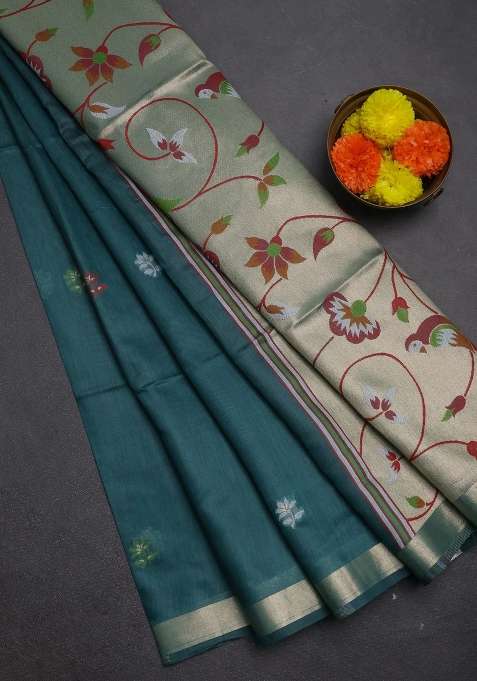 Jamdhani Cotton Saree Peacock Green And Maroon With Allover Thread Weaves And Jamdhani Pallu With Traditional Woven Design For Women