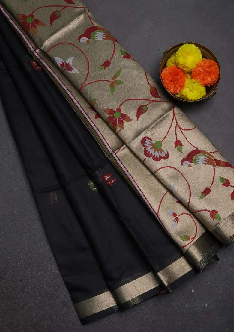 Jamdhani Cotton Saree Black And Maroon With Allover Thread Weaves And Jamdhani Pallu With Traditional Woven Design For Women - Indya