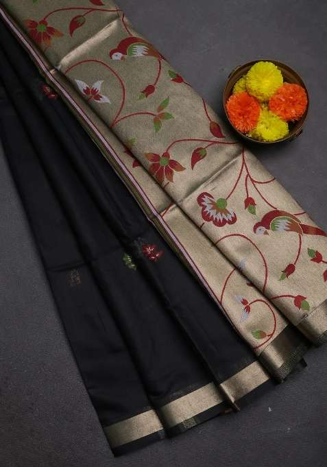 Jamdhani Cotton Saree Black And Maroon With Allover Thread Weaves And Jamdhani Pallu With Traditional Woven Design For Women