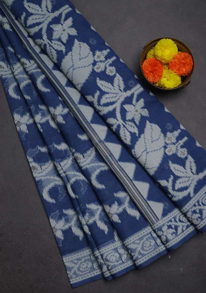 Jamdhani Cotton Saree Indigo Blue With Allover Thread Weaves And Thread Woven Border With Traditional Woven Design For Women - Indya