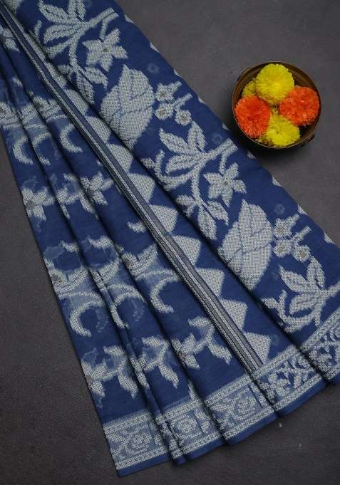 Jamdhani Cotton Saree Indigo Blue With Allover Thread Weaves And Thread Woven Border With Traditional Woven Design For Women