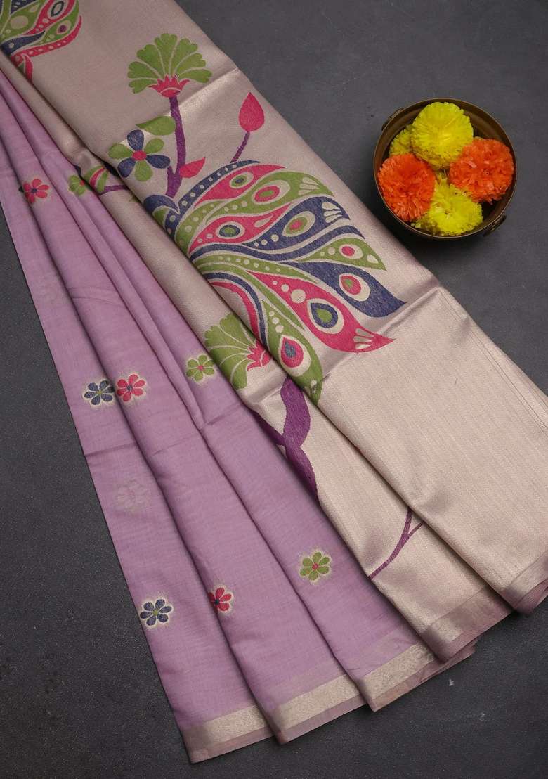 Jamdhani Cotton Saree Lavender With Thread Woven Buttas And Peacock Design Jamdhani Pallu With Buttas And Brocade Design For Women - Indya