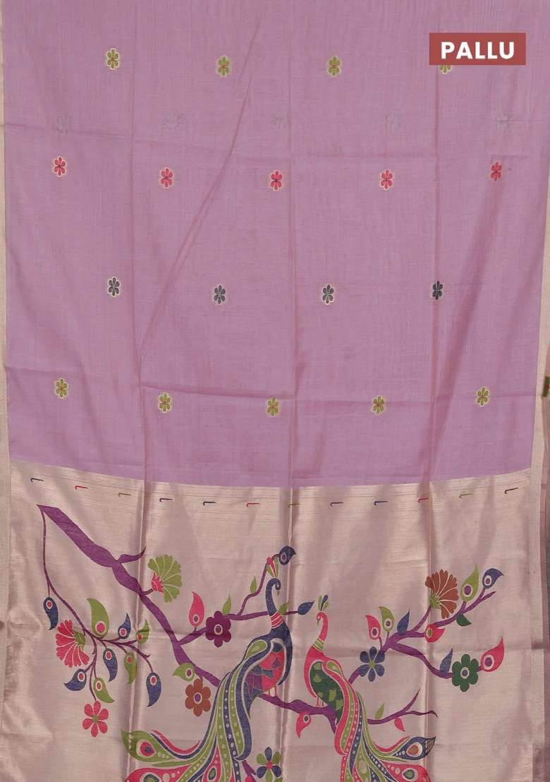 Jamdhani Cotton Saree Lavender With Thread Woven Buttas And Peacock Design Jamdhani Pallu With Buttas And Brocade Design For Women - Indya