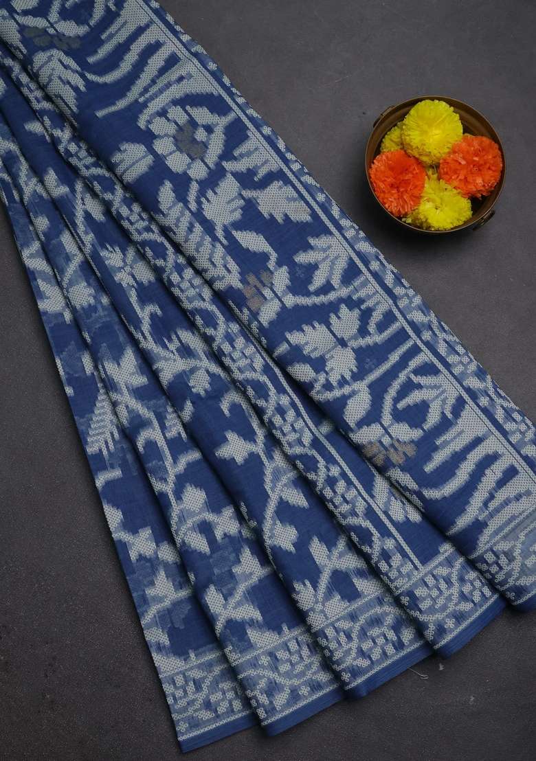 Jamdhani Cotton Saree Indigo Blue With Allover Thread Weaves And Thread Woven Border With Traditional Woven Design For Women - Indya