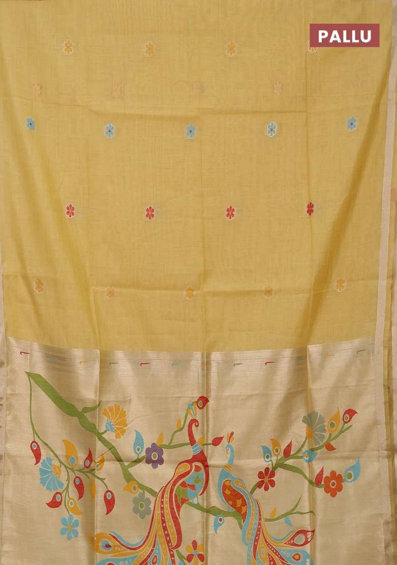 Jamdhani Cotton Saree Pale Yellow With Thread Woven Buttas And Peacock Design Jamdhani Pallu With Buttas And Brocade Design For Women - Indya