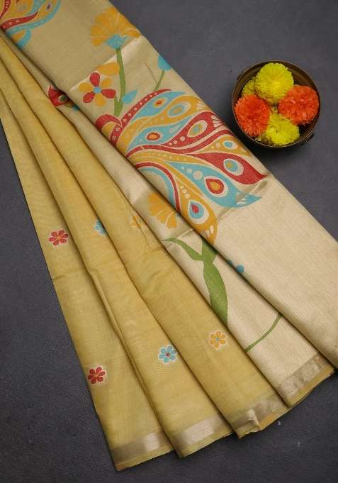 Jamdhani Cotton Saree Pale Yellow With Thread Woven Buttas And Peacock Design Jamdhani Pallu With Buttas And Brocade Design For Women
