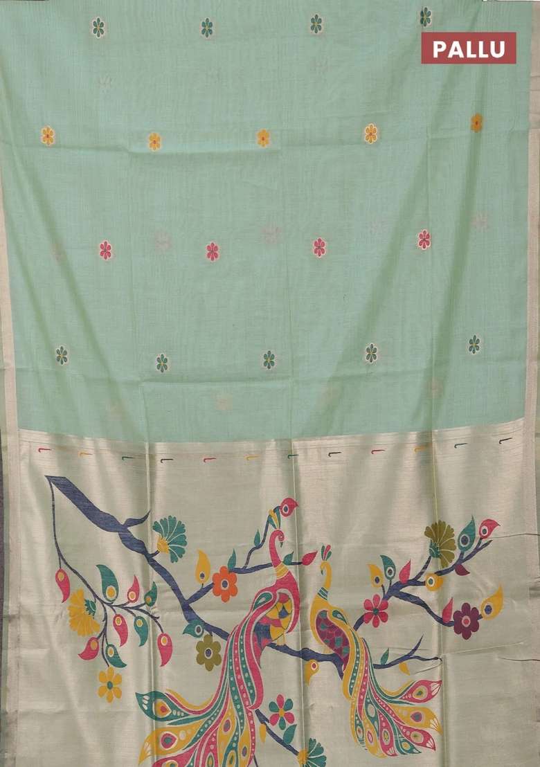 Jamdhani Cotton Saree Pista Green With Thread Woven Buttas And Peacock Design Jamdhani Pallu With Buttas And Brocade Design For Women - Indya