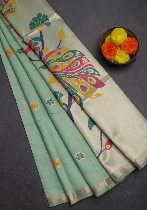 Jamdhani Cotton Saree Pista Green With Thread Woven Buttas And Peacock Design Jamdhani Pallu With Buttas And Brocade Design For Women