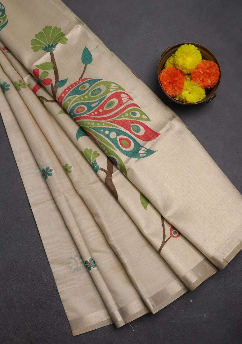 Jamdhani Cotton Saree Beige With Thread Woven Buttas And Peacock Design Jamdhani Pallu With Buttas And Brocade Design For Women - Indya