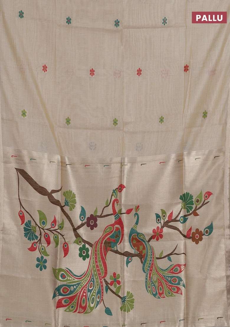 Jamdhani Cotton Saree Beige With Thread Woven Buttas And Peacock Design Jamdhani Pallu With Buttas And Brocade Design For Women - Indya
