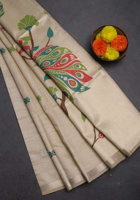 Jamdhani Cotton Saree Beige With Thread Woven Buttas And Peacock Design Jamdhani Pallu With Buttas And Brocade Design For Women