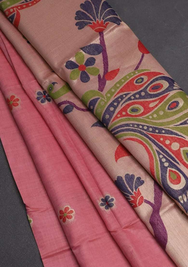 Jamdhani Cotton Saree Peach Pink With Thread Woven Buttas And Peacock Design Jamdhani Pallu With Buttas And Brocade Design For Women - Indya