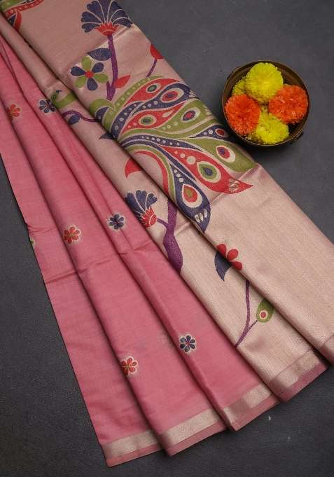 Jamdhani Cotton Saree Peach Pink With Thread Woven Buttas And Peacock Design Jamdhani Pallu With Buttas And Brocade Design For Women