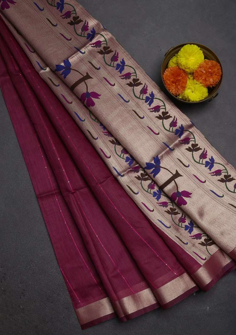 Jamdhani Cotton Saree Magenta Pink With Allover Squin Work And Jamdhani Pallu With Traditional Woven Design For Women - Indya