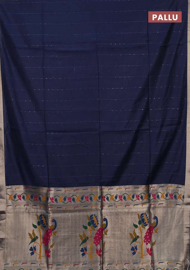 Jamdhani Cotton Saree Navy Blue With Allover Squin Work And Jamdhani Pallu With Traditional Woven Design For Women - Indya