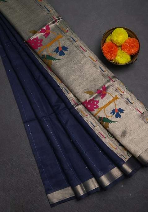 Jamdhani Cotton Saree Navy Blue With Allover Squin Work And Jamdhani Pallu With Traditional Woven Design For Women