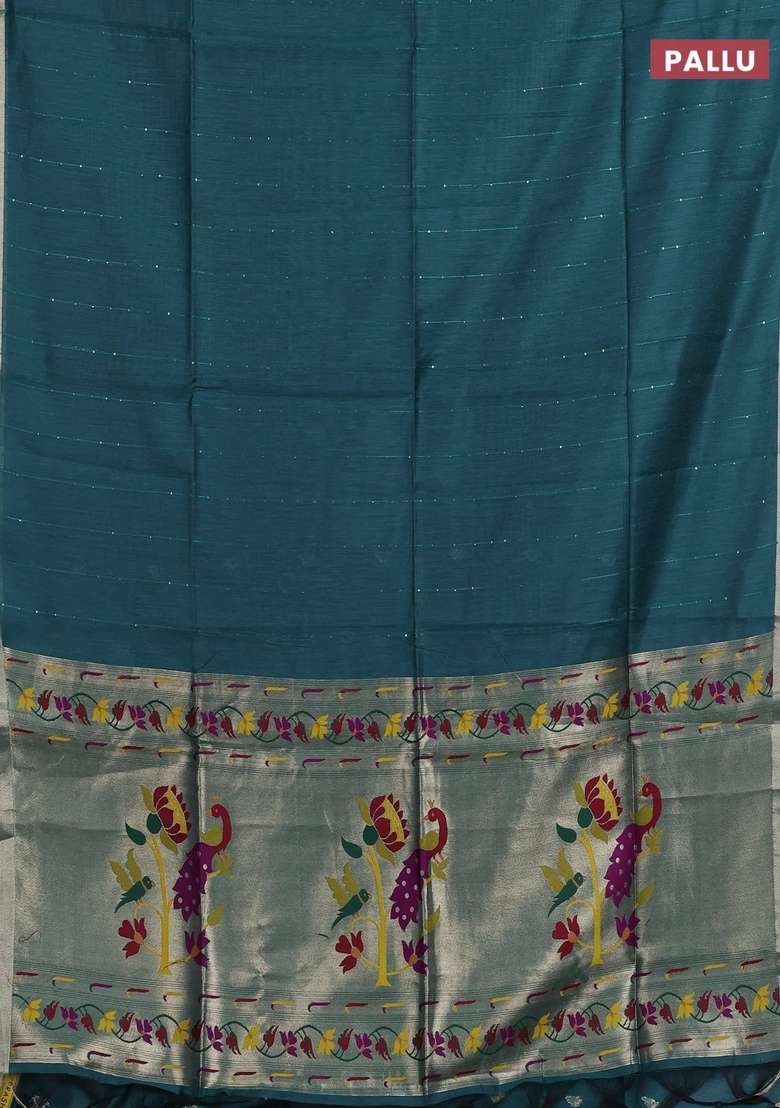 Jamdhani Cotton Saree Peacock Green With Allover Squin Work And Jamdhani Pallu With Traditional Woven Design For Women - Indya