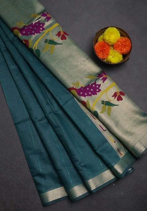 Jamdhani Cotton Saree Peacock Green With Allover Squin Work And Jamdhani Pallu With Traditional Woven Design For Women